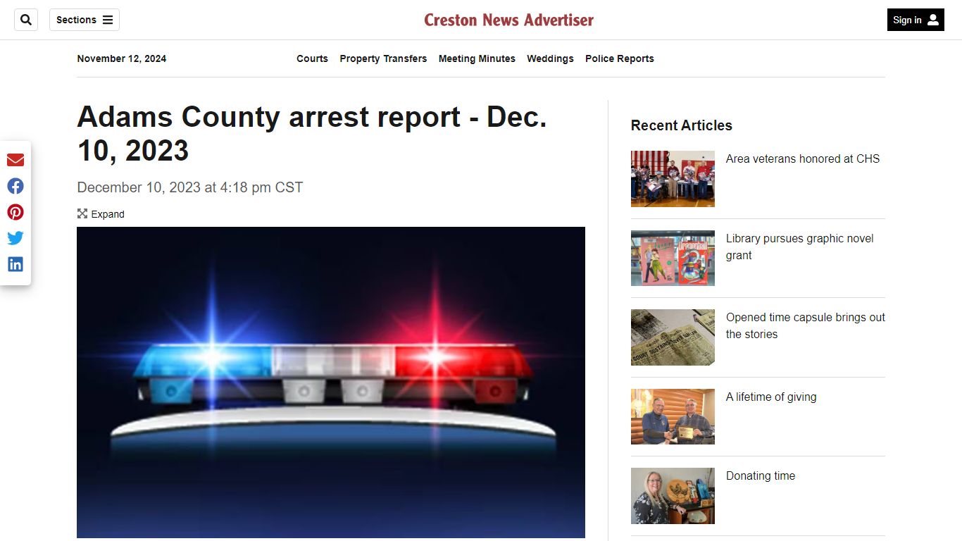 Adams County arrest report - Dec. 10, 2023 – Creston News